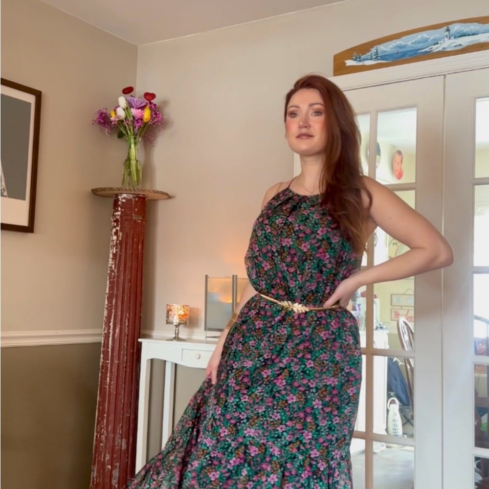 Floral Halter Maxi Dress in Black and Pink
